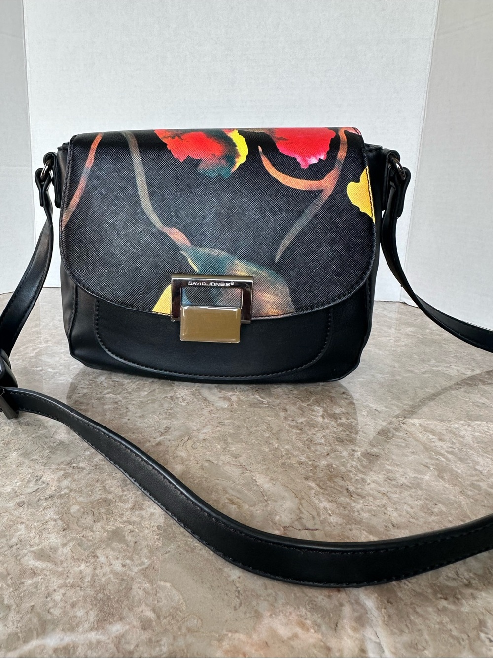 David Jones Paris Floral Crossbody Bag Black Red Yellow Flap Saddle Bag